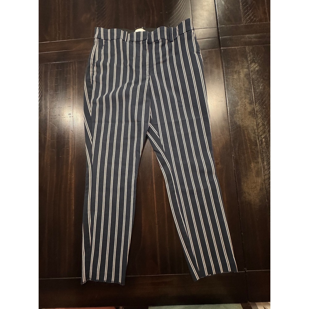 HM Womens Navy White Striped Ankle Trousers Size 12 Slim Fit Elastic Waist